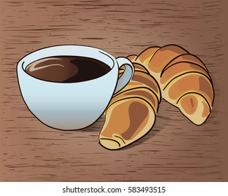 Coffee and croissant on wooden table background.French breakfast.
