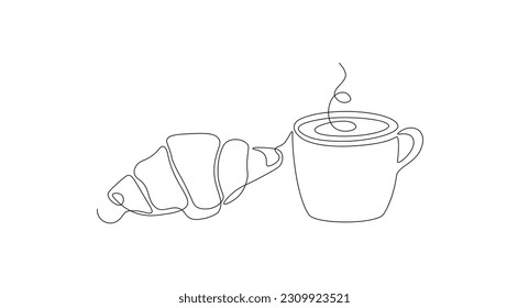 Coffee and croissant one line style. Breakfast theme linear cappuccino matcha pastry, bakery concept. Vector illustration