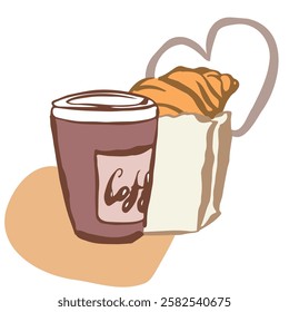 Coffee and croissant in a paper bag. Vector, hand draw, isolated. Simple and light. Cartoon doodle style. 