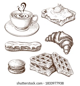 coffee with croissant, pastries, sweet desserts. breakfast icon set. drawn sweet pastries with cup of coffee isolated on white. vintage sketch of croissant, eclair, waffers, macaroon. french cuisine