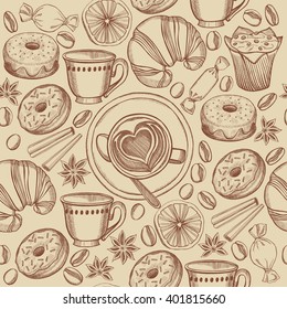 Coffee and croissant seamless pattern background vector. Food design icons hand-drawing elements. Graphic texture for restaurant template.