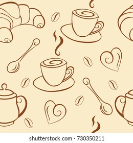 Coffee and croissant seamless pattern, background