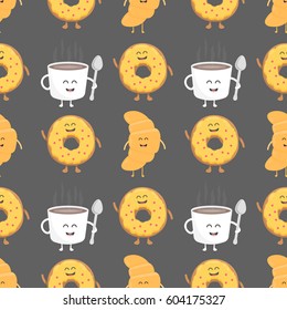 Coffee and croissant seamless pattern. Template for kids menu restaurant. Vector illustration.