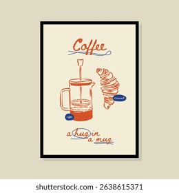 	
Coffee and croissant sketch style vector illustration in a poster frame