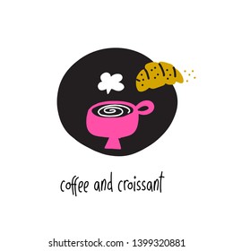 Coffee and croissant. Vector cartoon illustration.