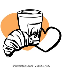 Coffee and croissant. Vector, hand draw, isolated. Simple and light. Cartoon style. Black outline doodle.