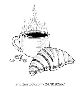 Café con croissant Vector dibujado a mano ilustración. Taza de café con pan. Antiguas blanco y negro dibujo de arte de línea sobre fondo. Boceto de comida para el Diseño gráfico. Clipart de bebidas y postres