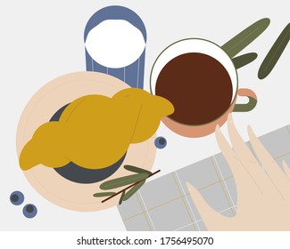 Coffee With Croissant. Vector illustration flat design. Use in Web Project and Applications.