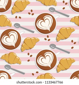 Coffee, croissants, coffee beans and spoon seamless pattern. Latte art vector illustration
