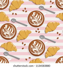 Coffee, croissants, coffee beans and spoon seamless pattern. Latte art vector illustration
