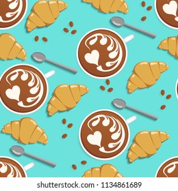 Coffee, croissants, coffee beans and spoon seamless pattern. Latte art vector illustration
