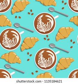 Coffee, croissants, coffee beans and spoon seamless pattern. Latte art vector illustration
