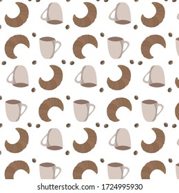 Coffee and Croissants and Coffee Beans Vectorial Seamless Pattern