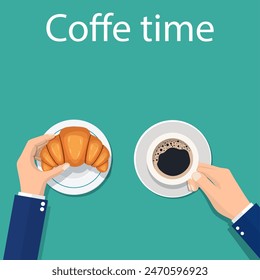 Coffee and croissants, hands man. Hands holding croissants. Breakfast. label concept menu. Hot coffee, fresh croissant. Vector illustration in flat style