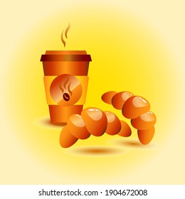 Coffee with croissants on yellow background. Still life for cozy cafe.
