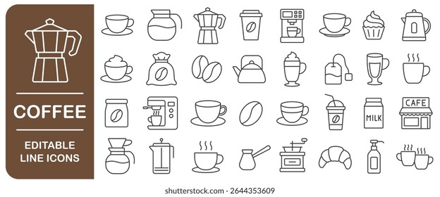 Coffee Culture editable line icon set. Enjoying Coffee. Brew and Drinking linear icons. Cup, Coffee Machine, Beans, Packaging, Grinder, Cafe. Line with editable stroke. Vector illustration. Isolated 