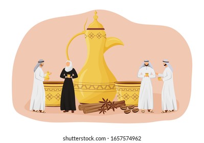 Coffee culture flat concept vector illustration. Traditional ceremony with dallah pot set. Turkish hospitality. Arabian 2D cartoon characters for web design. Coffeehouse creative idea