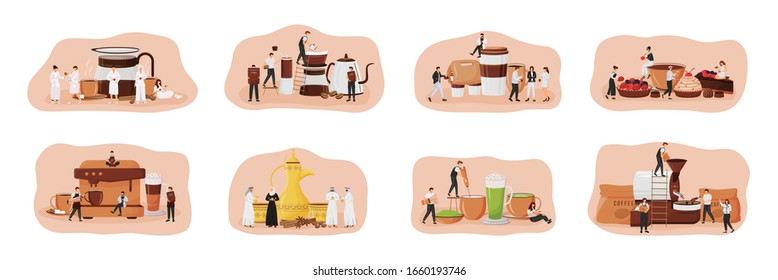 Coffee Culture Flat Concept Vector Illustration Set. Dallah Set. Matcha Latte. Patisserie With Desserts. People Drinking Espresso 2D Cartoon Characters For Web Design. Coffeeshop Creative Idea