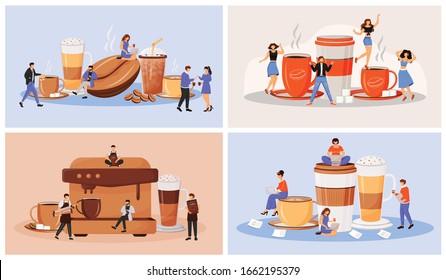 Coffee culture flat concept vector illustration set. Espresso making machine. Baristas preparing americano. Restaurant visitors 2D cartoon characters for web design. Cafeteria creative idea