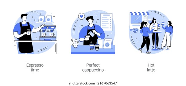 Coffee culture isolated cartoon vector illustrations set. Professional barista preparing espresso in a coffee shop, making cappuccino, group of girls drinking latte, hot drink vector cartoon.