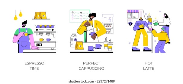 Coffee culture isolated cartoon vector illustrations set. Professional barista preparing espresso in a coffee shop, making cappuccino, group of girls drinking latte, hot drink vector cartoon.