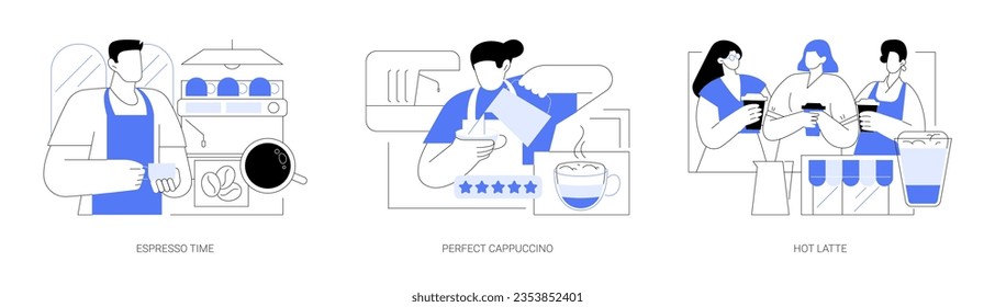 Coffee culture isolated cartoon vector illustrations set. Professional barista preparing espresso in a coffee shop, making cappuccino, group of girls drinking latte, hot drink vector cartoon.