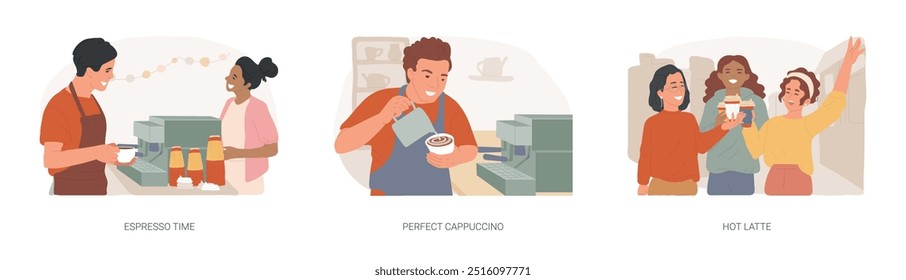 Conjunto de Ilustraciones vectoriales de dibujos animados aislados de la cultura del café. Profesional barista preparando espresso en una cafetería, haciendo cappuccino, grupo de chicas bebiendo café con leche, dibujos animados de Vector de bebida caliente.