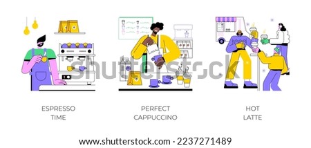 Coffee culture isolated cartoon vector illustrations set. Professional barista preparing espresso in a coffee shop, making cappuccino, group of girls drinking latte, hot drink vector cartoon.