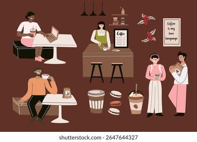 Coffee culture with people enjoying beverages, relaxing, and socializing in a cozy setting.