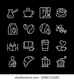 Coffee culture, white line icons. Enjoying coffee, brewing equipment, and cafe scenes. Essential for coffee shop and lifestyle visuals. Symbols on black background. Editable stroke.