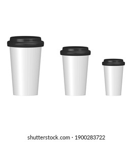 Coffee cup 3D icons set. Paper or plastic mockup glass. Different size cups collection. Vector illustration isolated on white.