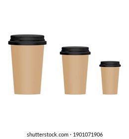 Coffee cup 3D icons set. Paper or plastic brown mockup glass. Different size cups collection. Vector illustration isolated on white.