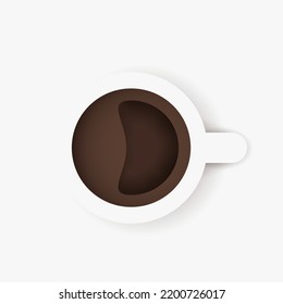 Coffee cup from above view isolated on white background. Creative 3d concept in cartoon craft paper cut style. Bright minimal food design. Modern geometric vector illustration.