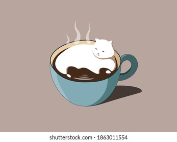 A coffee cup with abstract foam in the form of a white cat. Vector image in eps format. 	

