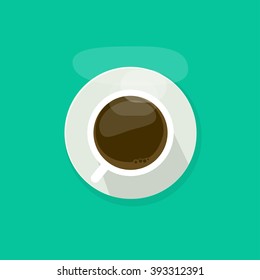 Coffee cup with abstract steam vector illustration, coffee cup with foam babbles from top view, cup of tea, coffee mug, flat icon cartoon simple modern design with shadow isolated on green background