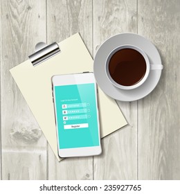 Coffee Cup with Abstract Tablet Vector Illustration on Business Theme
