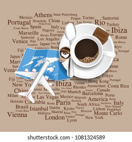 coffee cup with airplane and map traveling background on brown