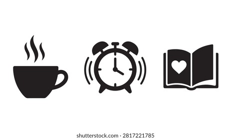 Coffee cup alarm clock and book with heart icon set