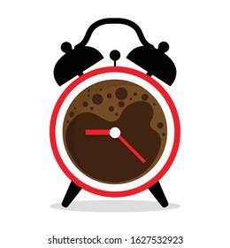 Coffee cup alarm clock on white background. Good morning coffee wake up concept. Vector illustration flat style.