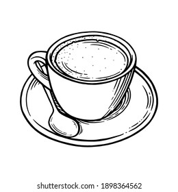 Coffee cup with americano. Cup, spoon and saucer set for hot coffee. Black and white engraved vector ilustration