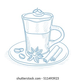 Coffee cup with anise, sticks of cinnamon and coffee beans on saucer. Coffee with anise and sticks of cinnamon hand drawn on white background. Coffee vector illustration. Coffee sketch illustration.