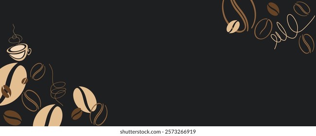 Coffee cup, aroma beans in minimal line design. Vector sketch border for cafe shop, food print. Abstract silhouette concept.