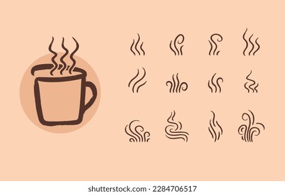 Coffee cup and coffee aroma icon set. Coffee aroma collection. Cup of coffee with steam. Flat style vector