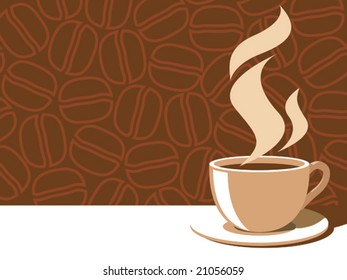 Coffee cup with aroma steam on a brown background with coffee beans.