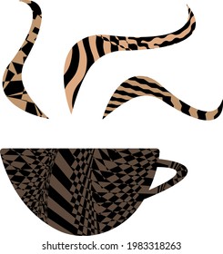 coffee cup and aromatic steam in op art style concept of modern design and invigorating drink