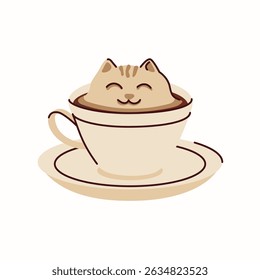 Coffee cup with artistic cream cat face decor, vector hand drawn illustration in a flat style isolated on a white background