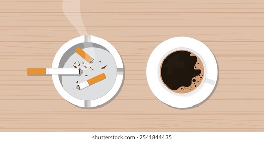 Coffee cup and ashtray with cigarettes and butts. Burnt cigarette butts. Coffee and  smoking break concept. Wooden desk above view. Smoldering cigarette with smoke. Vector illustration flat design