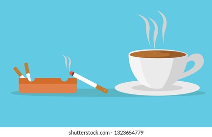 Coffee cup and ashtray full of smokes cigarettes. Unhealthy lifestyle. Vector illustration in flat style - Vector illustration