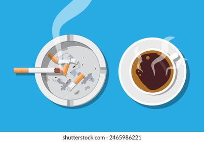 Kaffeetasse und Aschenbecher voller Zigaretten. Ungesunder Lebensstil. Vektorillustration im flachen Stil