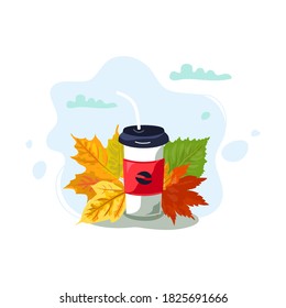 Coffee cup with autumn leaves. Cozy autumn and fall concept. Take away coffee concept. Flat style design. Vector illustration.